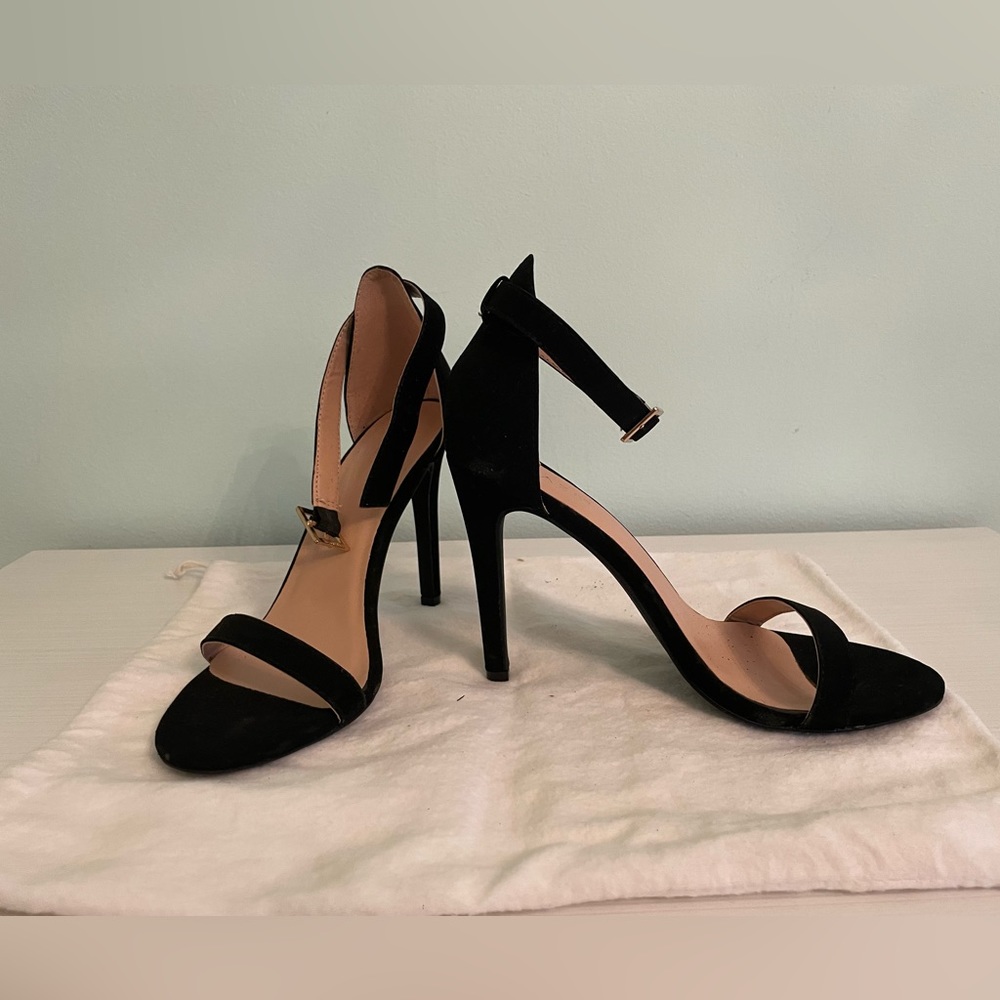 Glaze black suede and gold tone buckles stilettos sandals with ankle straps